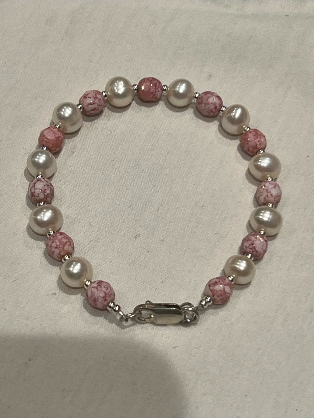 Glass and freshwater pearl sterling silver bracelet